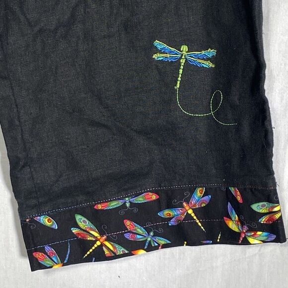 Vintage PARAPHRASE Capri Pants Linen Embroidered Beads Dragonfly Womens 14 Black - Picture 5 of 10